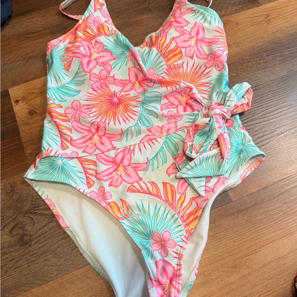 Floral Tie-Detail One-Piece Swimsuit - Pink & Teal